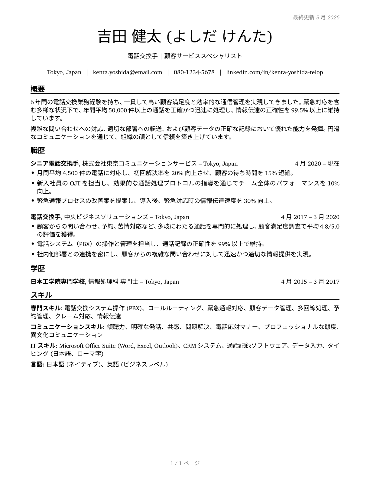 Telephone Operators CV in Japanese — page 1