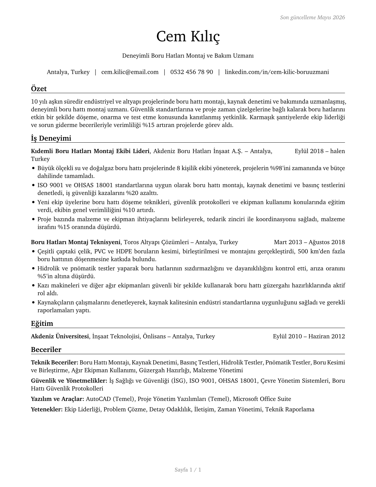 Pipelayers CV in Turkish — page 1