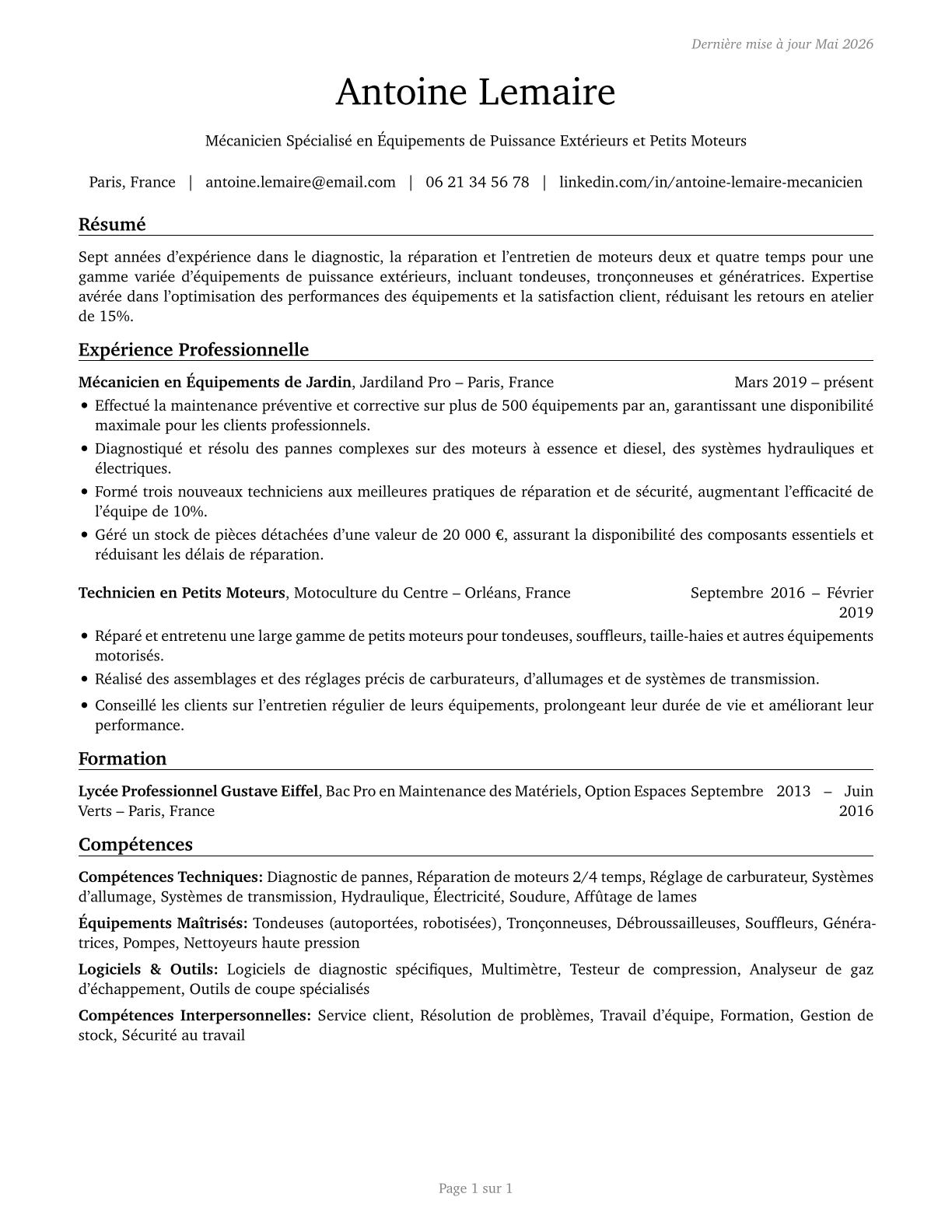 Outdoor Power Equipment and Other Small Engine Mechanics CV in French — page 1