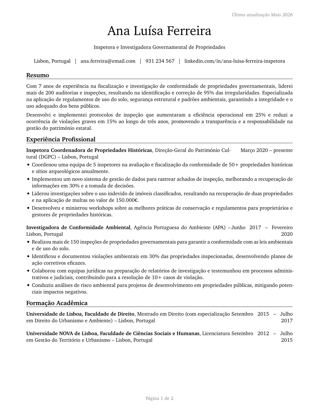 Government Property Inspectors and Investigators CV in Portuguese — page 1