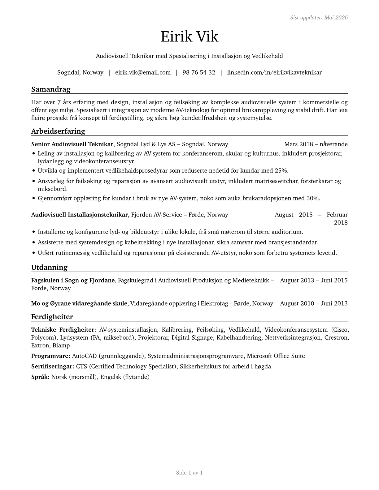 Audiovisual Equipment Installers and Repairers CV in Norwegian_nynorsk — page 1