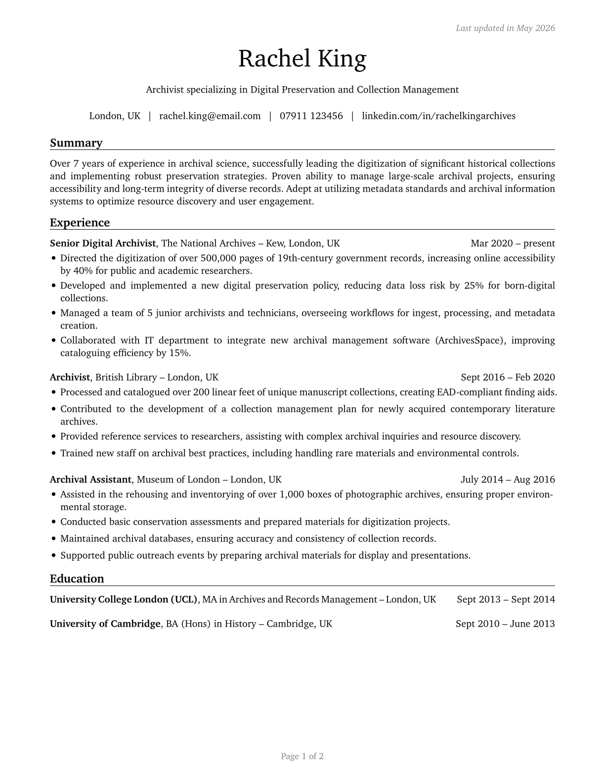 Archivists CV in English — page 1