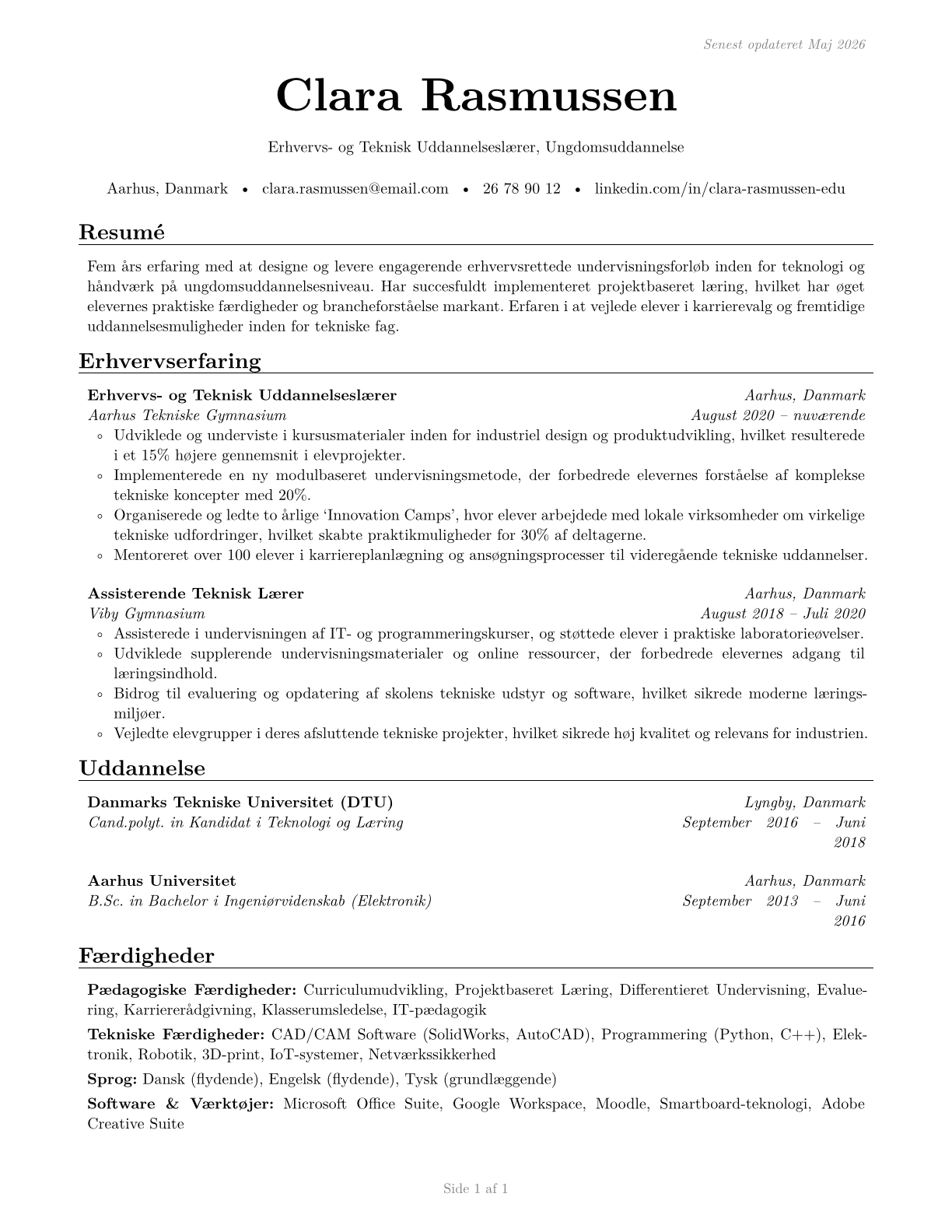 Career/Technical Education Teachers, Secondary School CV in Danish — page 1