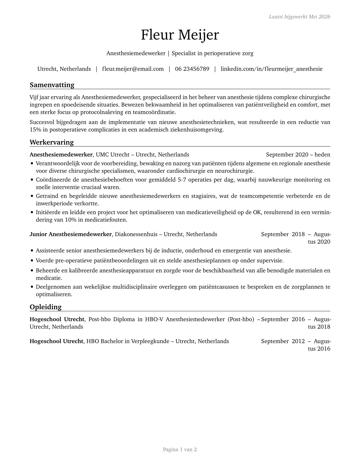 Nurse Anesthetists CV in Dutch — page 1