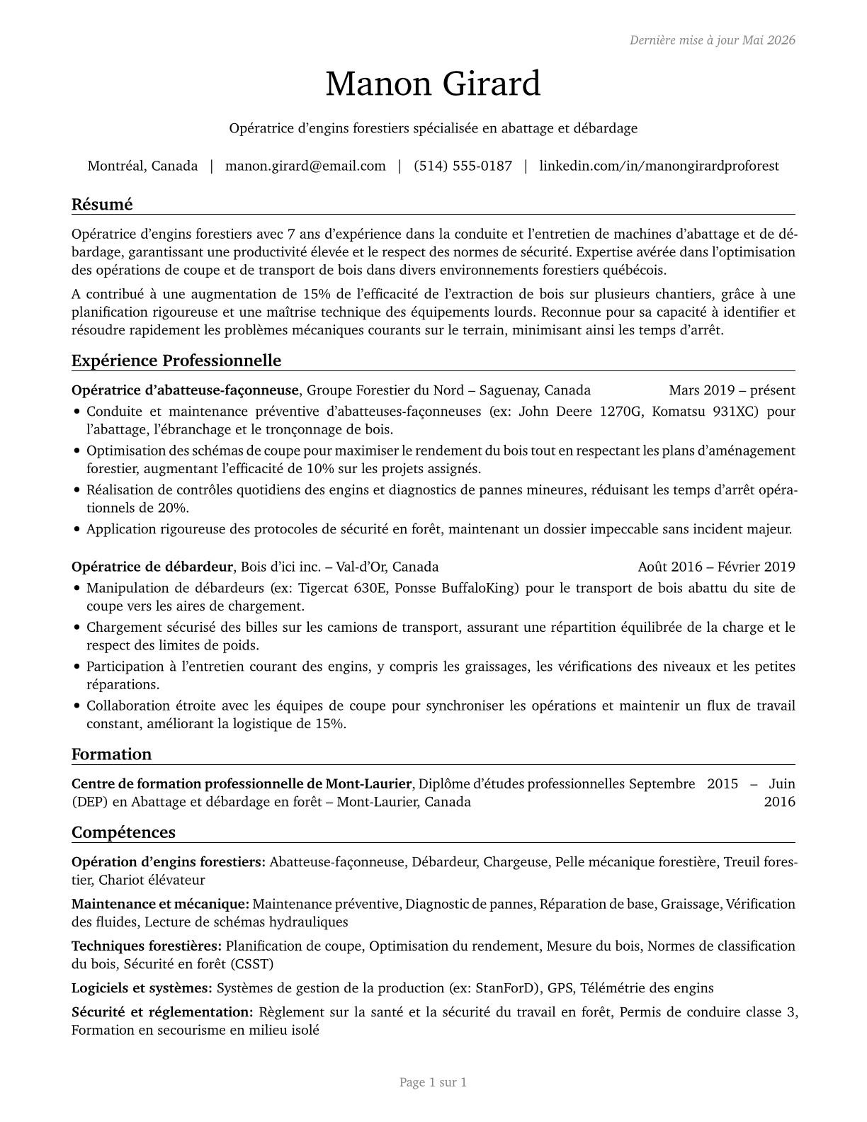 Logging Equipment Operators CV in French — page 1
