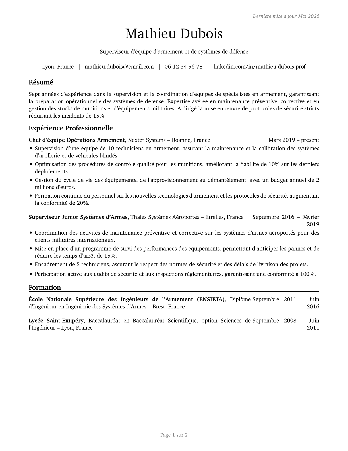 First-Line Supervisors of Weapons Specialists/Crew Members CV in French — page 1