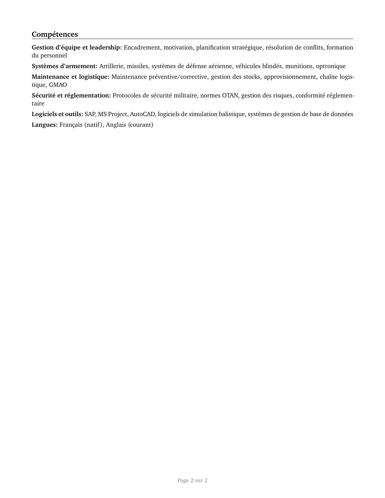 First-Line Supervisors of Weapons Specialists/Crew Members CV in French — page 2