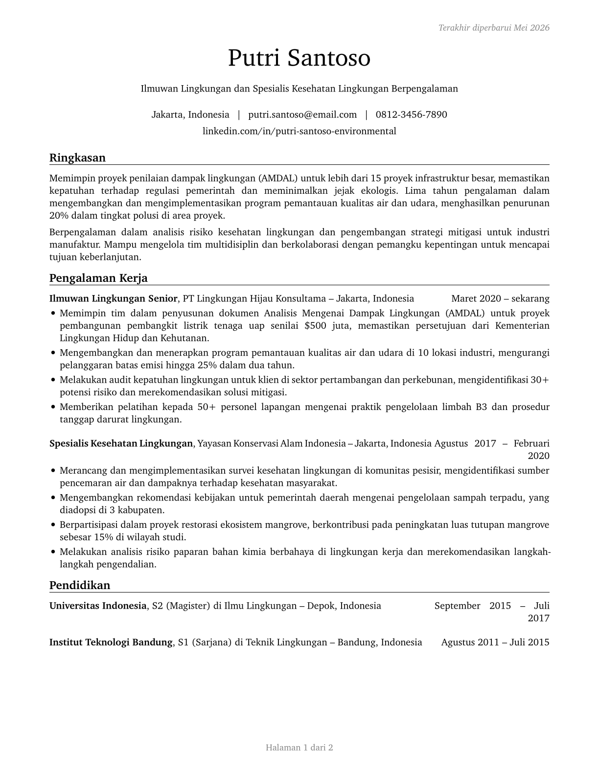 Environmental Scientists and Specialists, Including Health CV in Indonesian — page 1