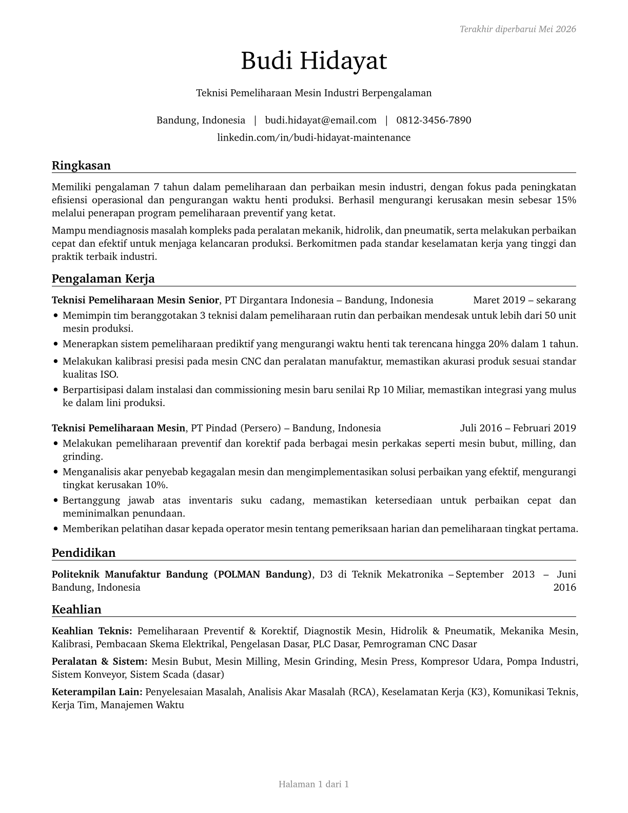 Maintenance Workers, Machinery CV in Indonesian — page 1