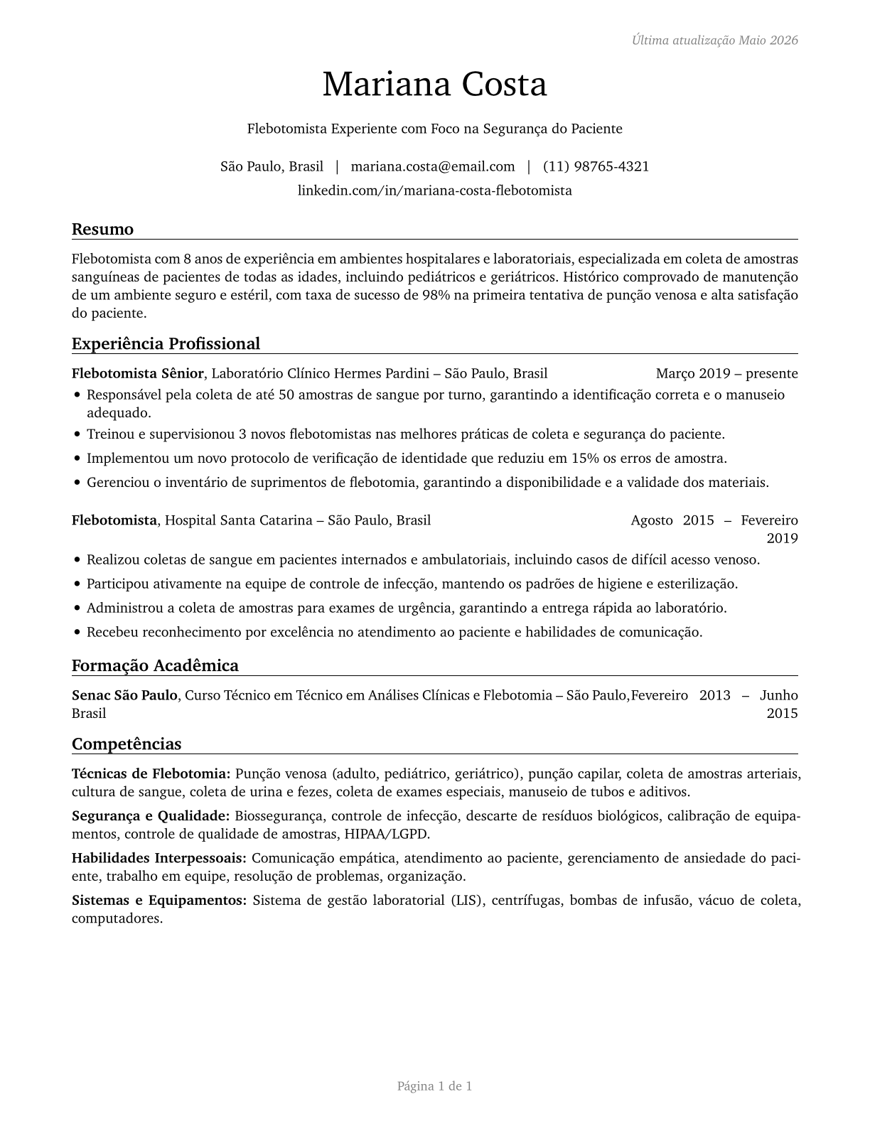 Phlebotomists CV in Portuguese — page 1