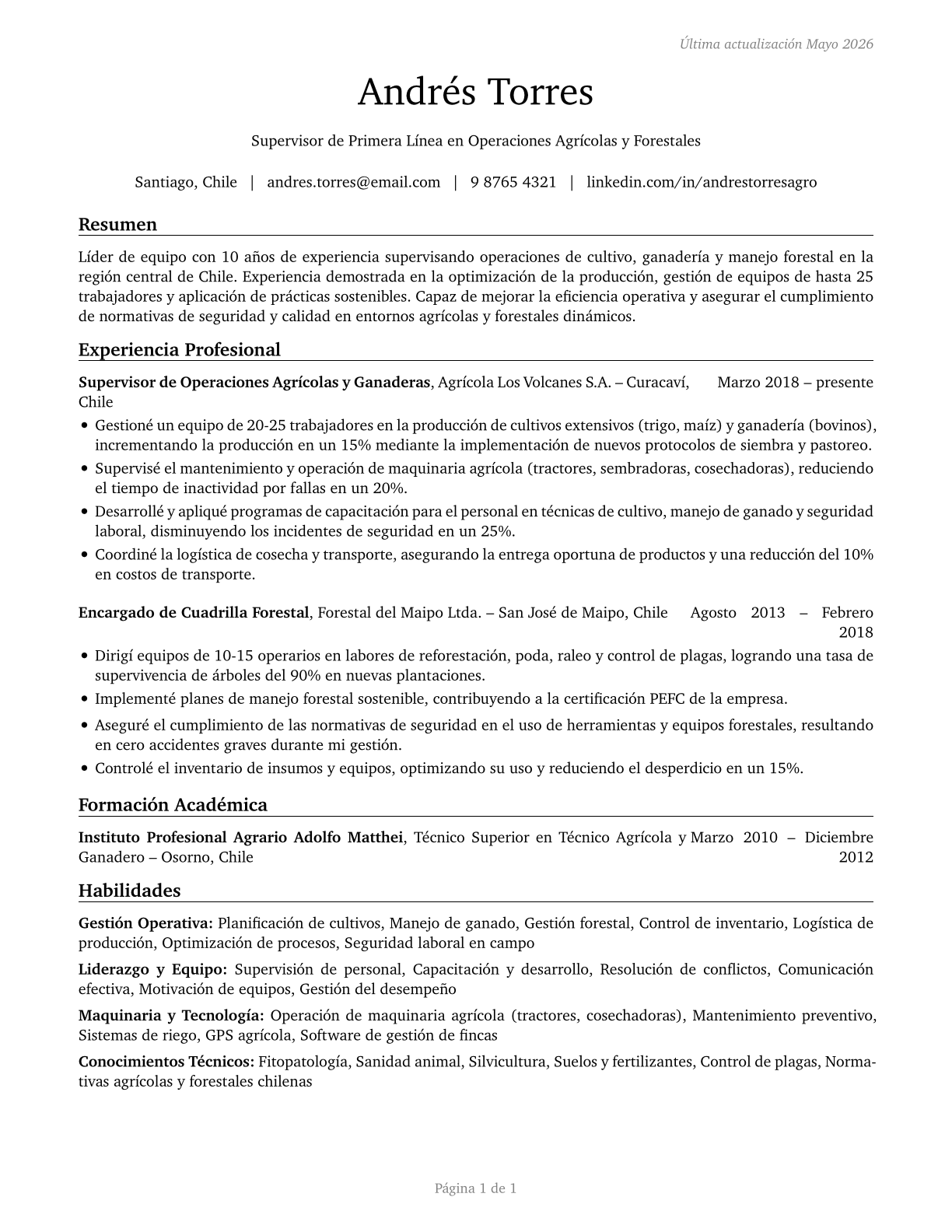 First-Line Supervisors of Farming, Fishing, and Forestry Workers CV in Spanish — page 1