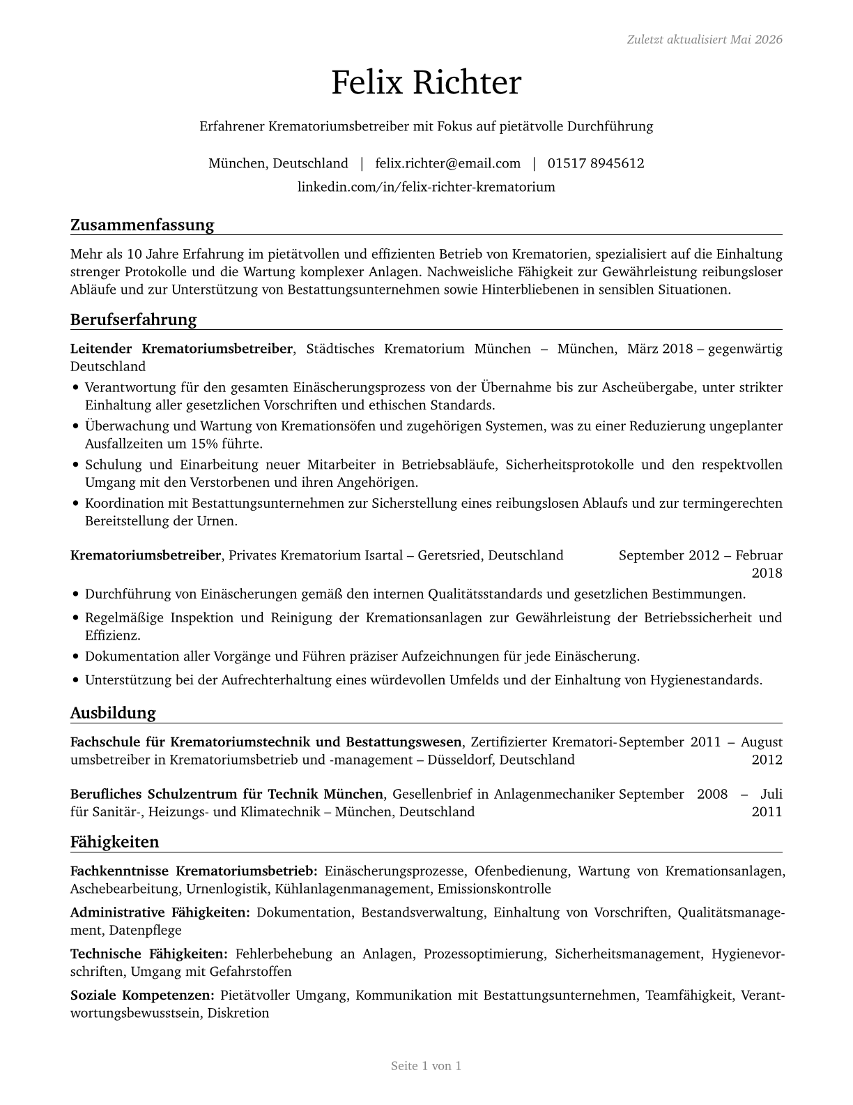 Crematory Operators CV in German — page 1