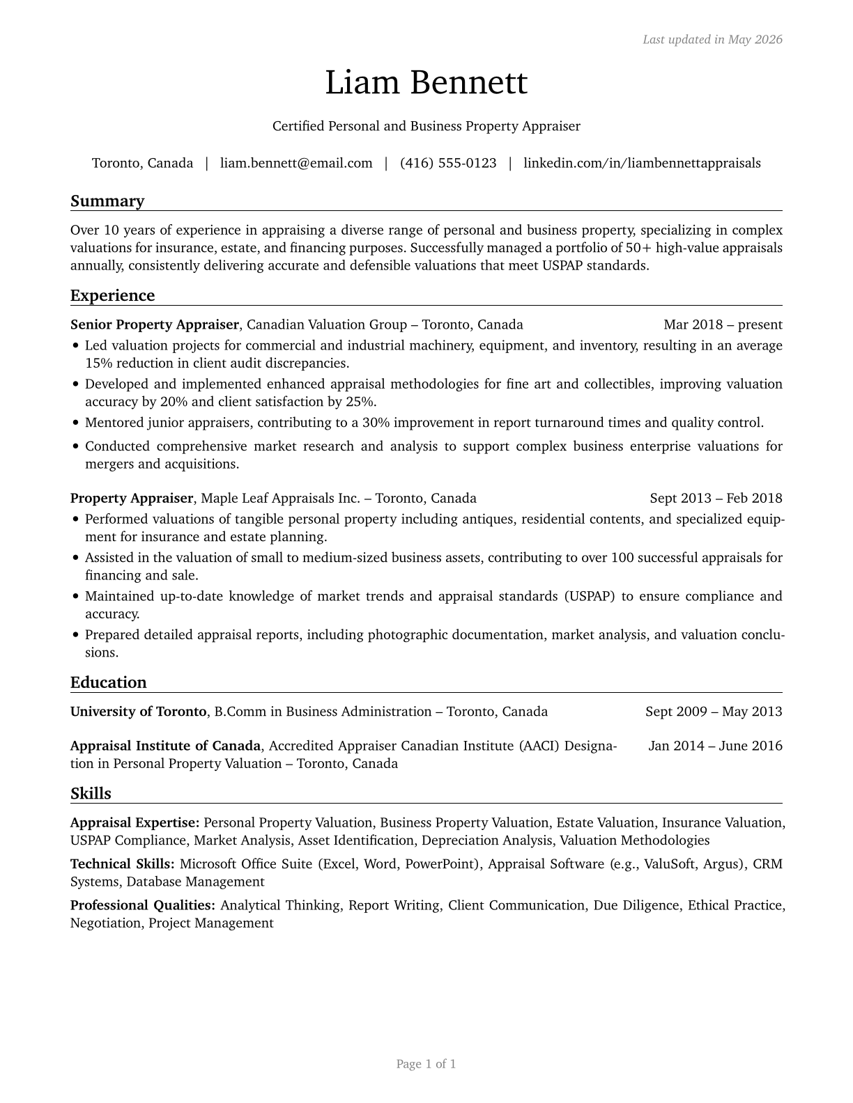 Appraisers of Personal and Business Property CV in English — page 1