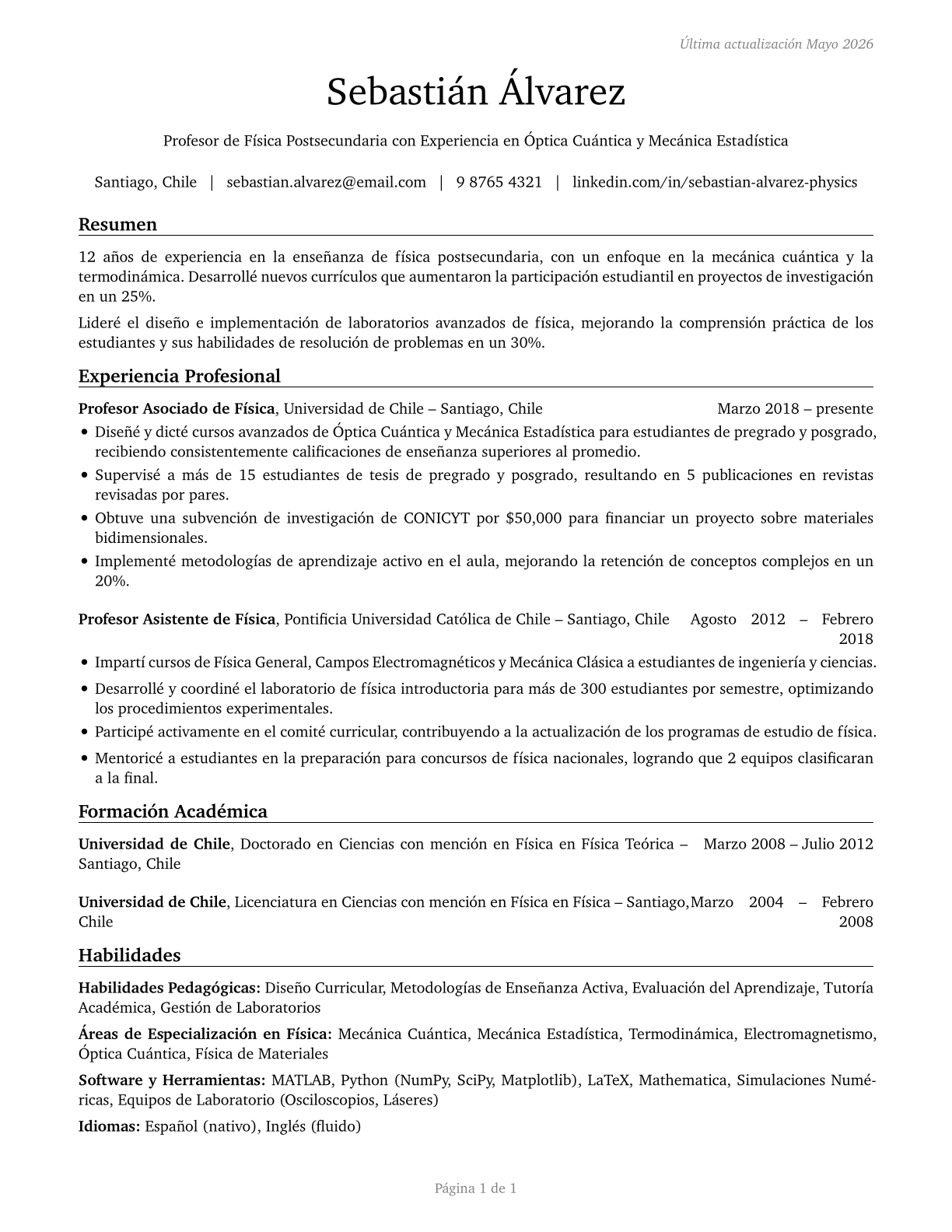 Physics Teachers, Postsecondary CV in Spanish — page 1
