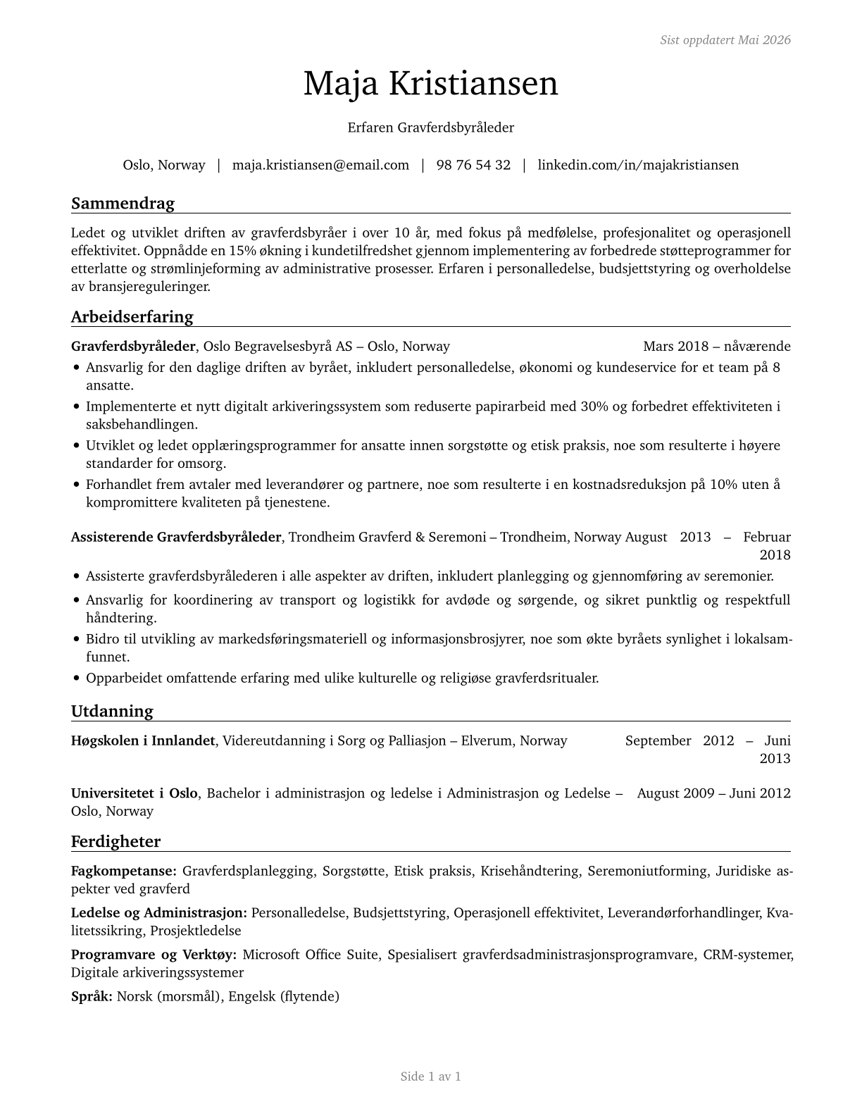 Funeral Home Managers CV in Norwegian_bokmal — page 1