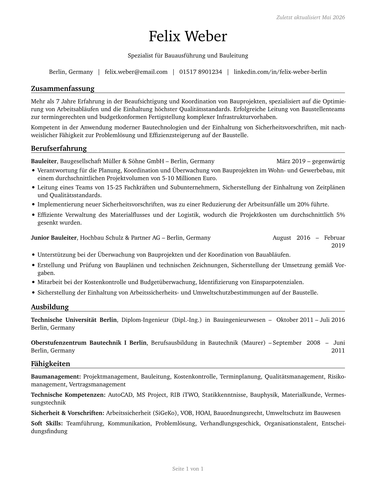 Construction and Related Workers, All Other CV in German — page 1