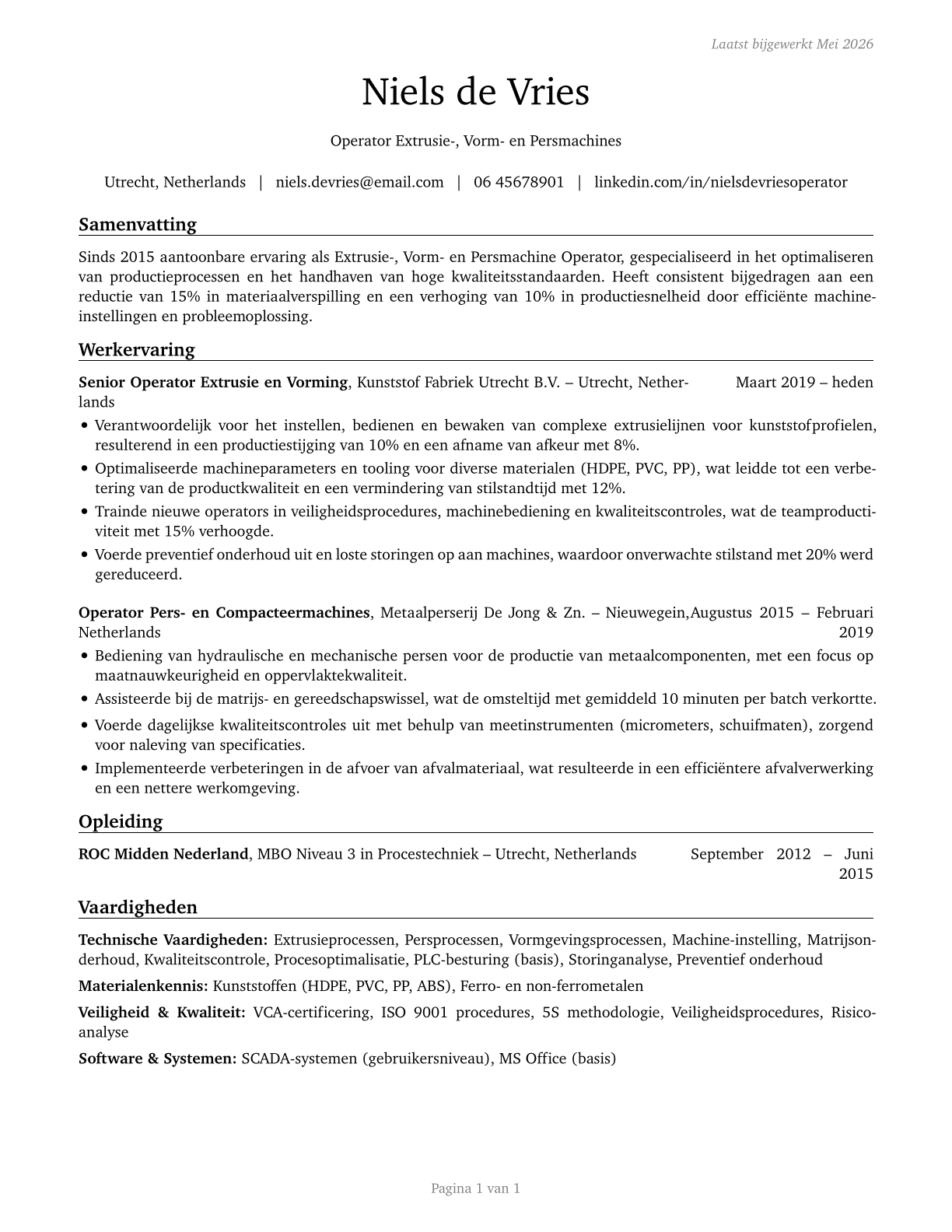 Extruding, Forming, Pressing, and Compacting Machine Setters, Operators, and Tenders CV in Dutch — page 1