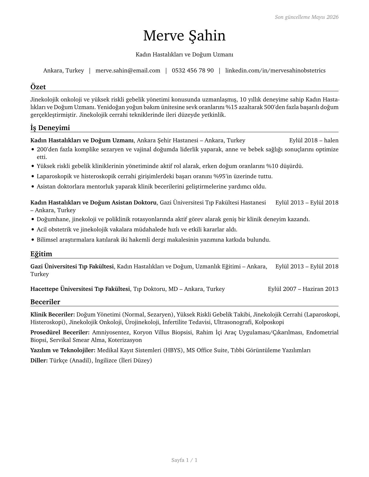 Obstetricians and Gynecologists CV in Turkish — page 1