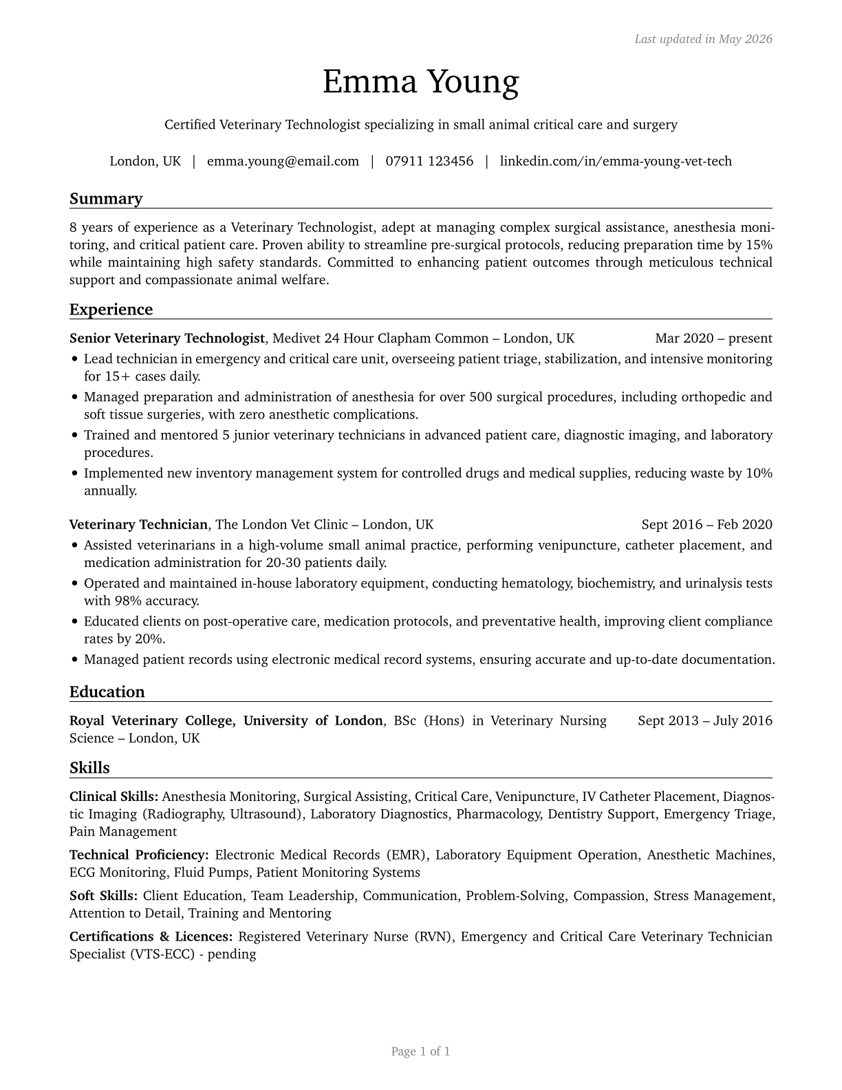 Veterinary Technologists and Technicians CV in English — page 1