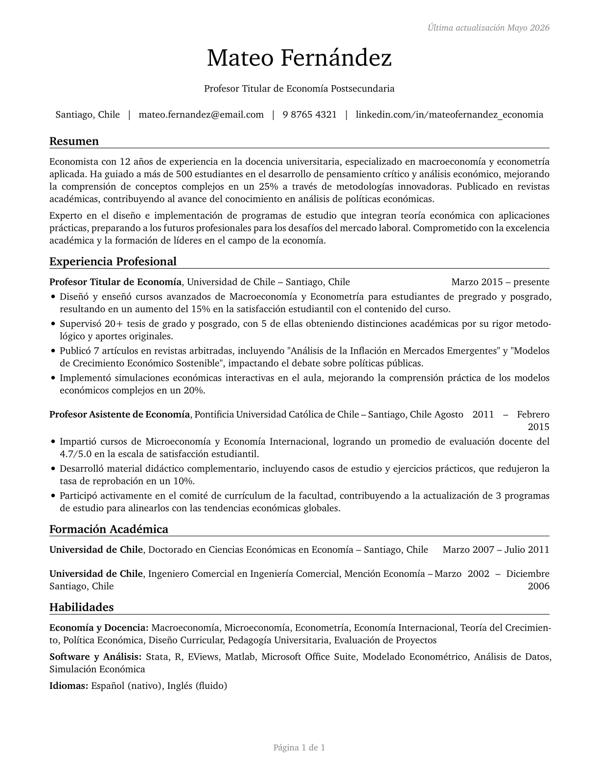 Economics Teachers, Postsecondary CV in Spanish — page 1