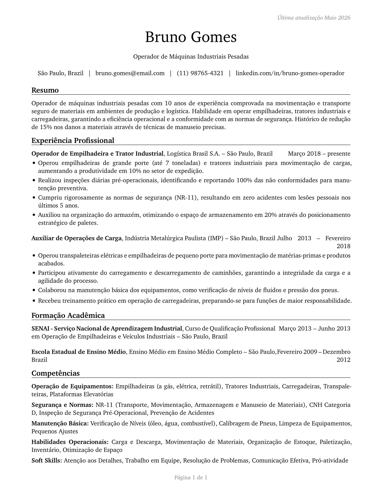 Industrial Truck and Tractor Operators CV in Portuguese — page 1