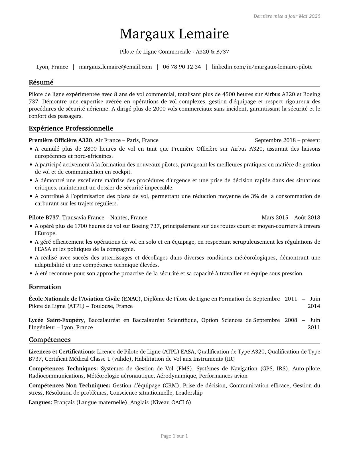 Commercial Pilots CV in French — page 1
