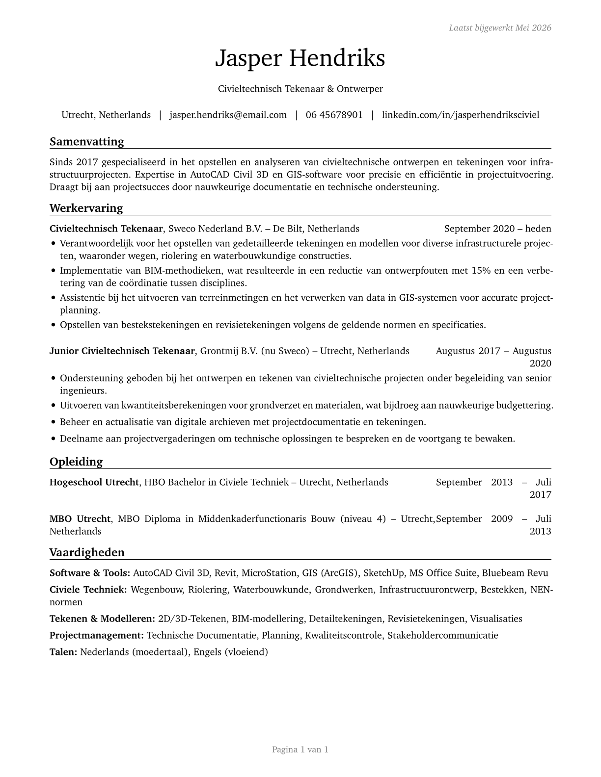 Civil Engineering Technologists and Technicians CV in Dutch — page 1