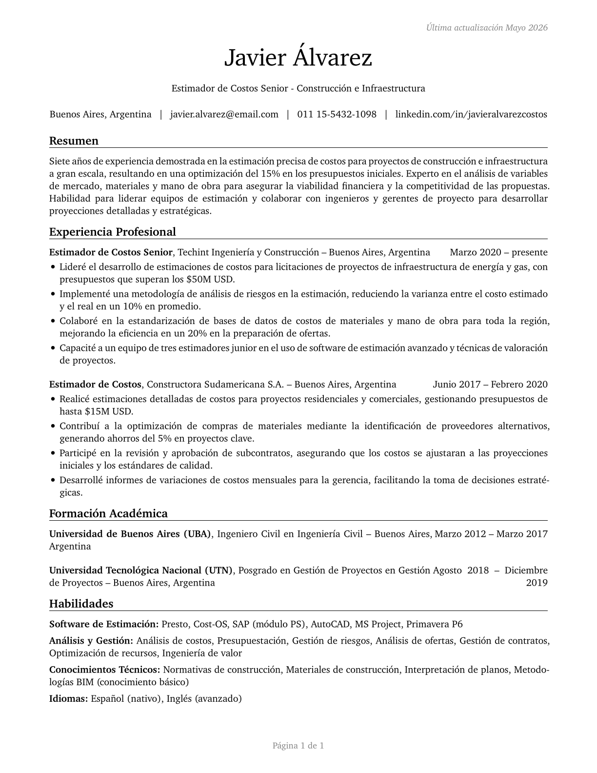 Cost Estimators CV in Spanish — page 1