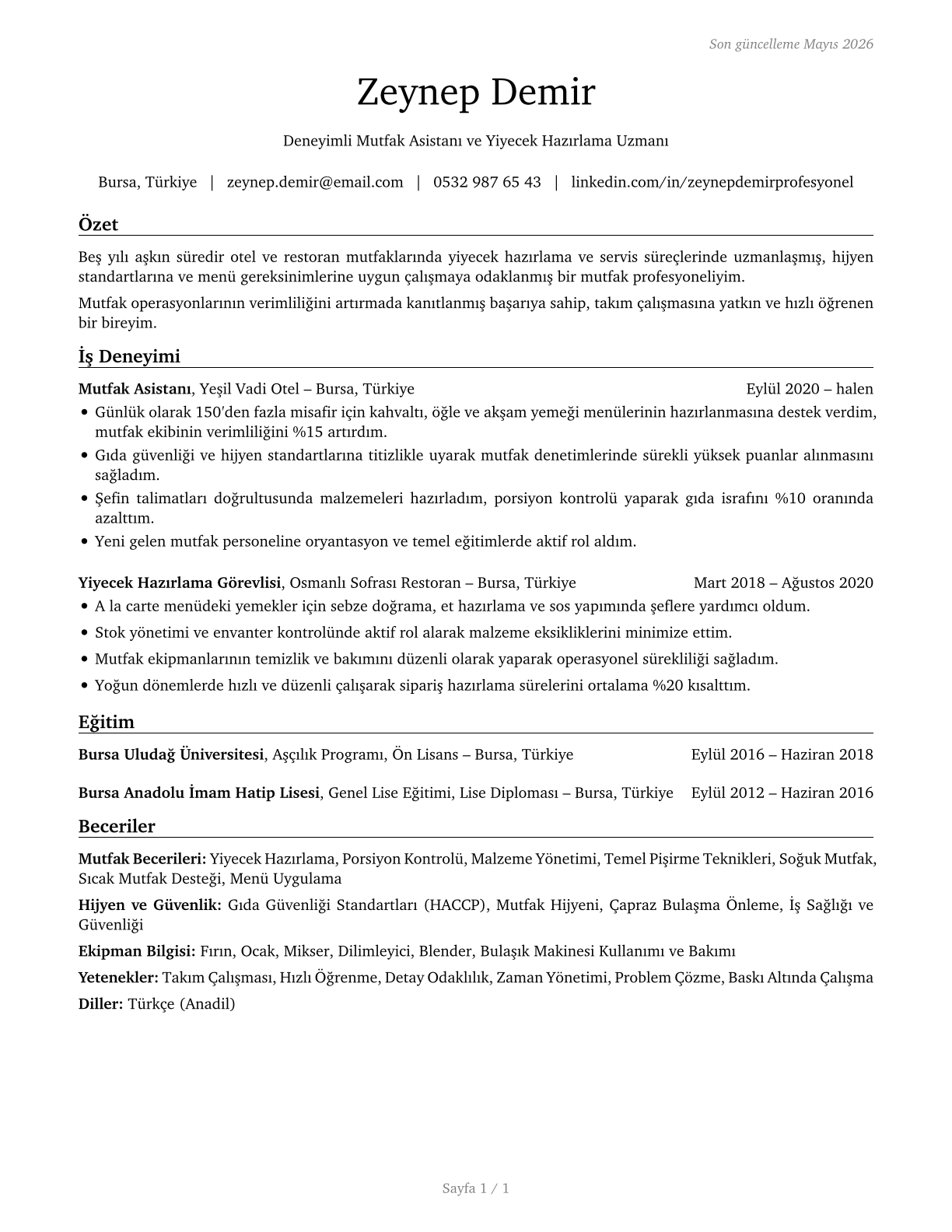 Food Preparation and Serving Related Workers, All Other CV in Turkish — page 1