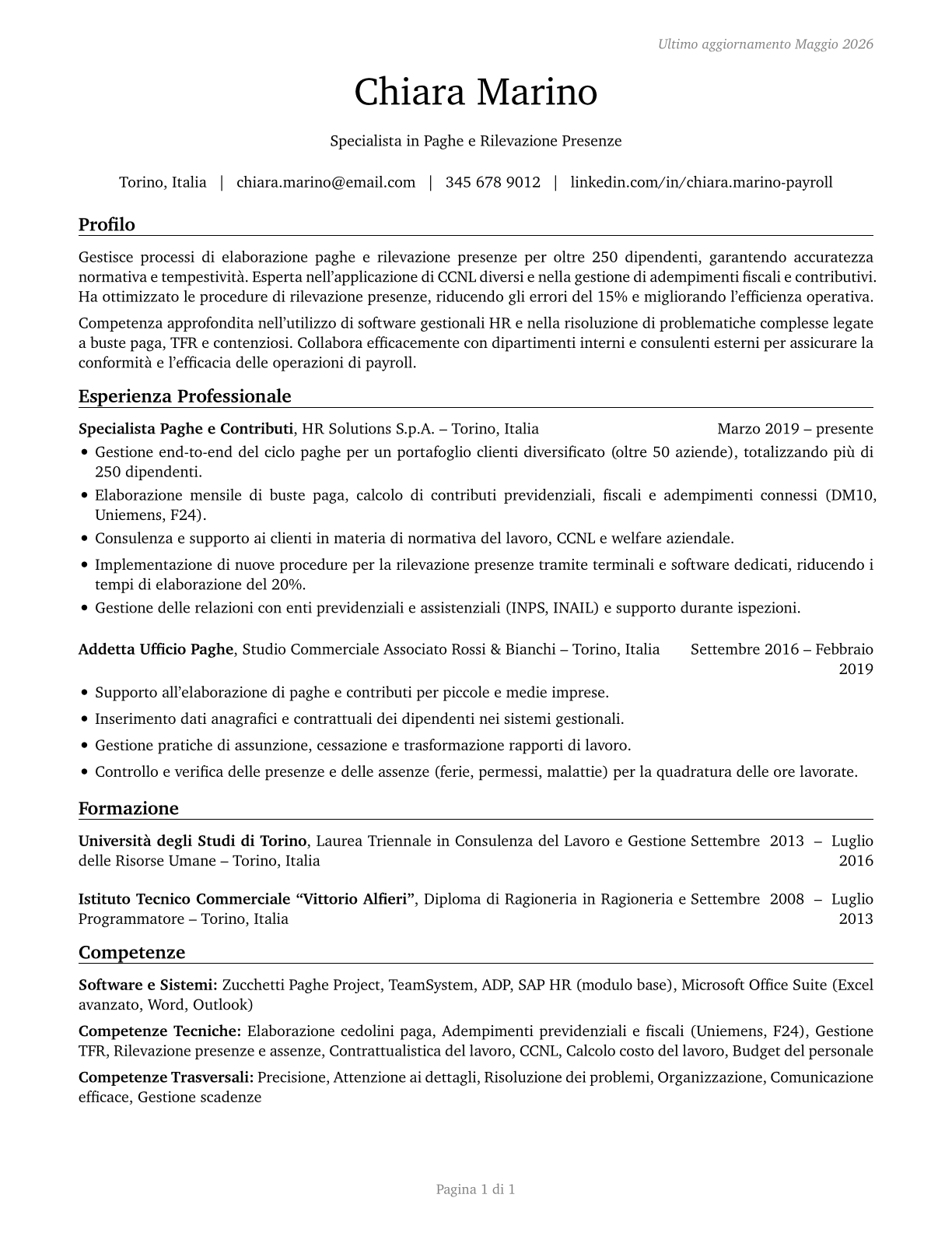 Payroll and Timekeeping Clerks CV in Italian — page 1
