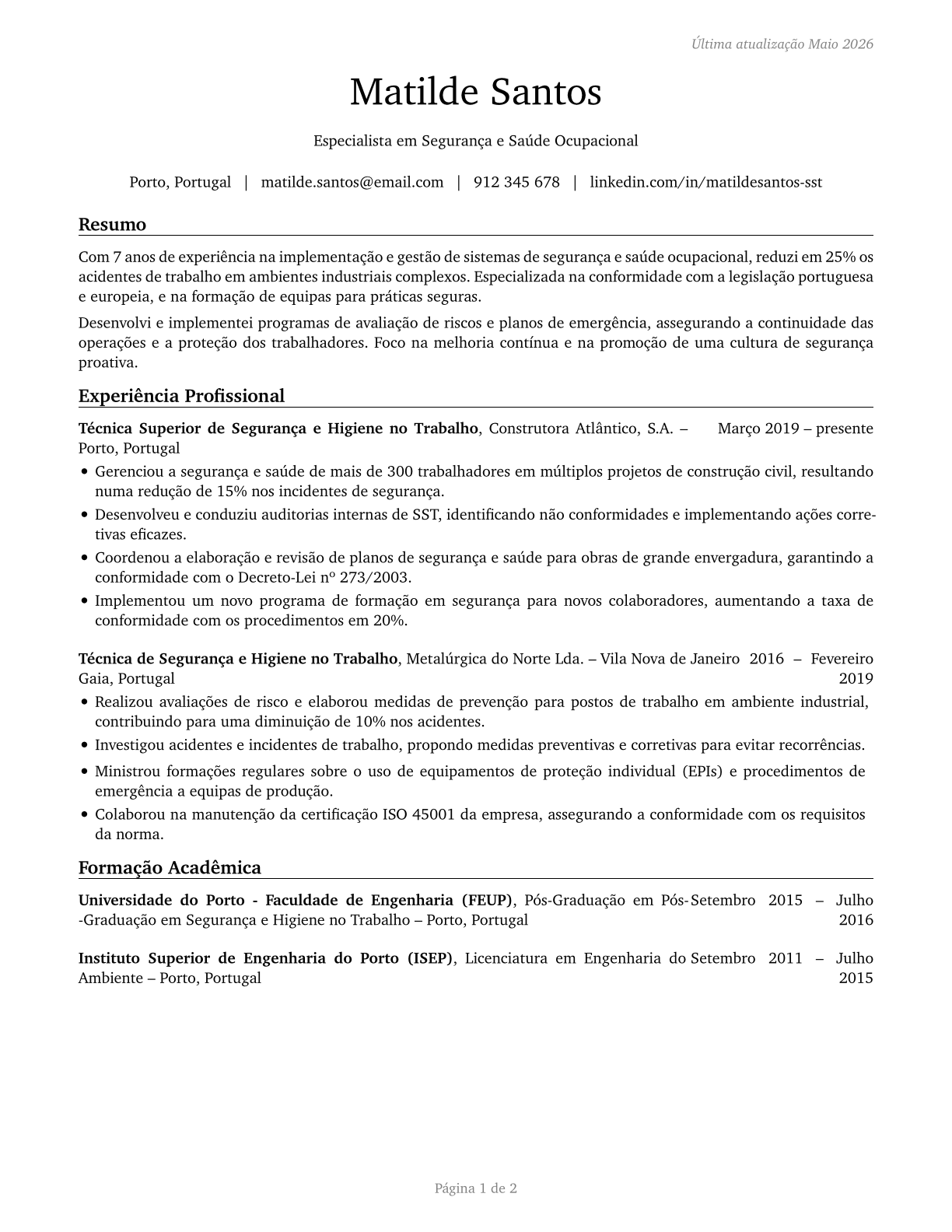 Occupational Health and Safety Specialists CV in Portuguese — page 1
