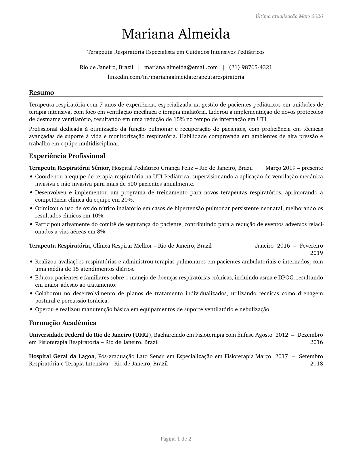 Respiratory Therapists CV in Portuguese — page 1
