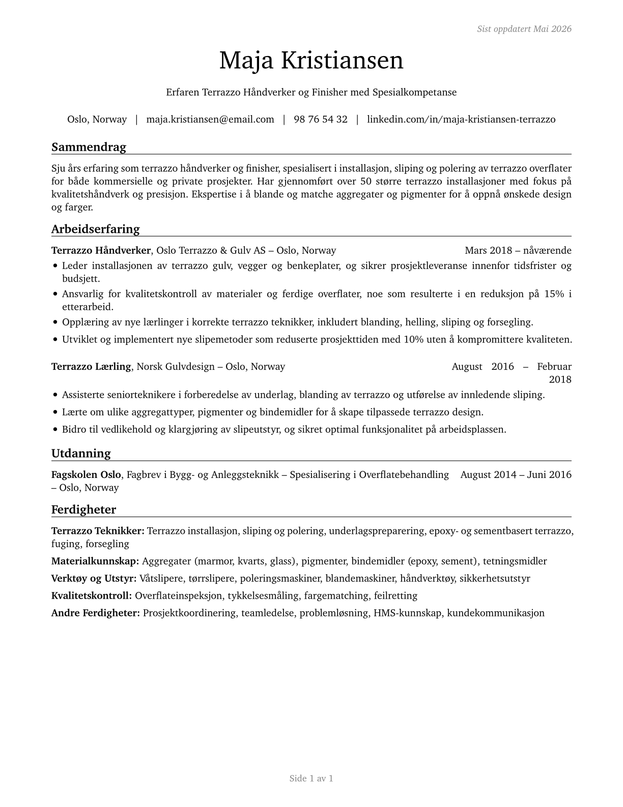 Terrazzo Workers and Finishers CV in Norwegian_bokmal — page 1