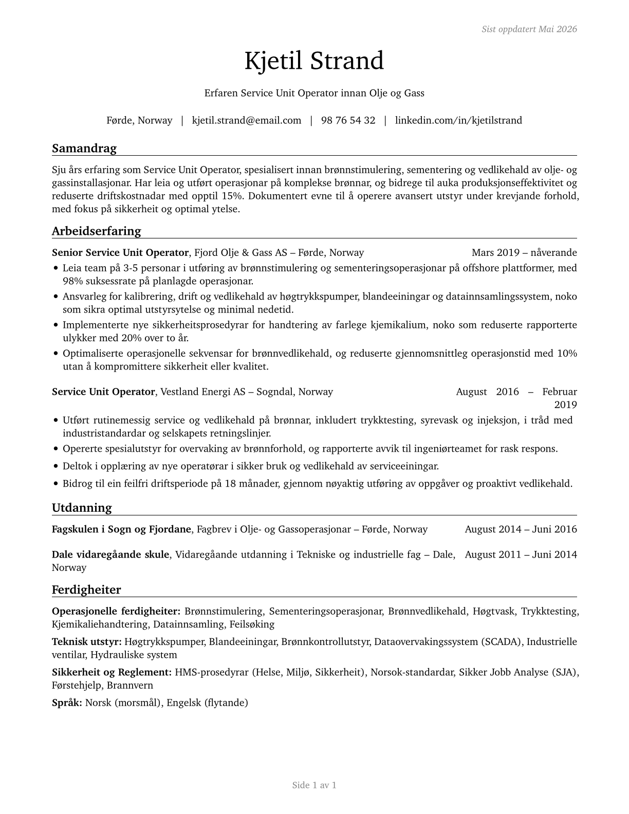 Service Unit Operators, Oil and Gas CV in Norwegian_nynorsk — page 1