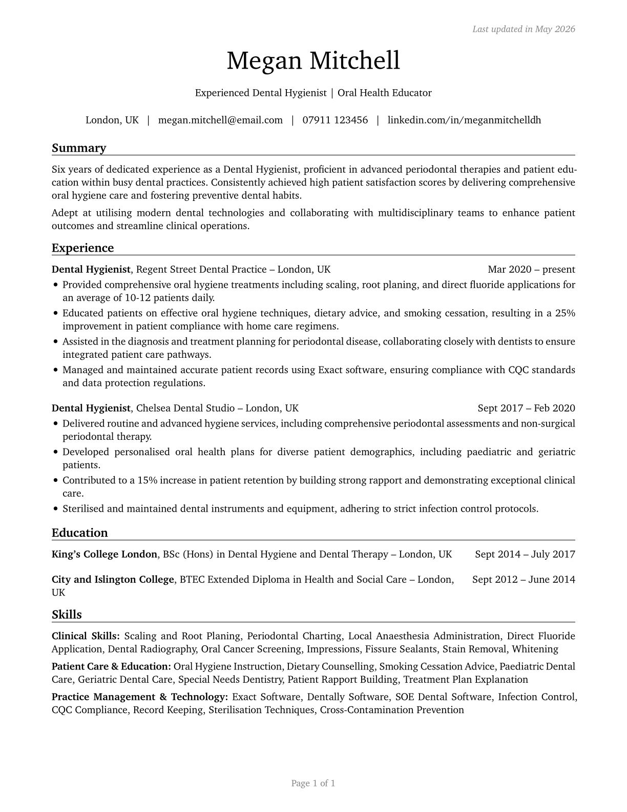 Dental Hygienists CV in English — page 1