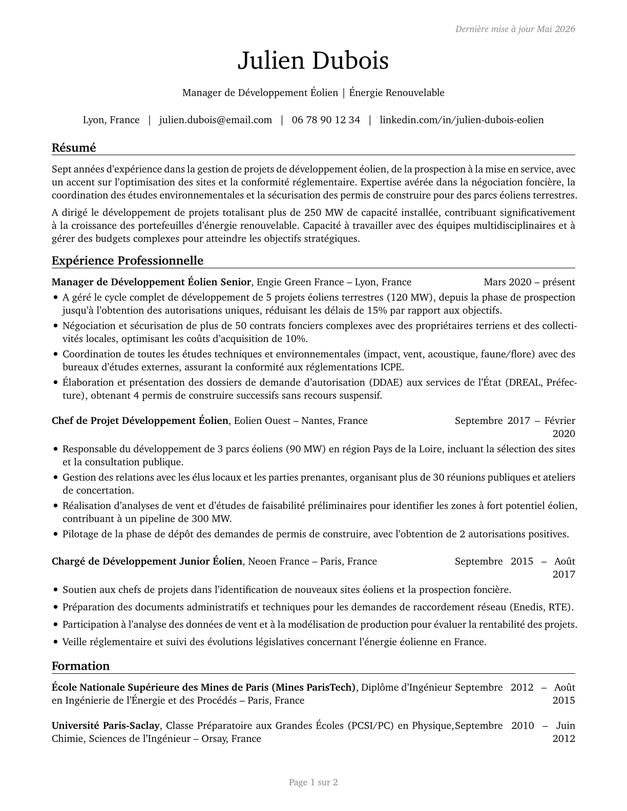 Wind Energy Development Managers CV in French — page 1