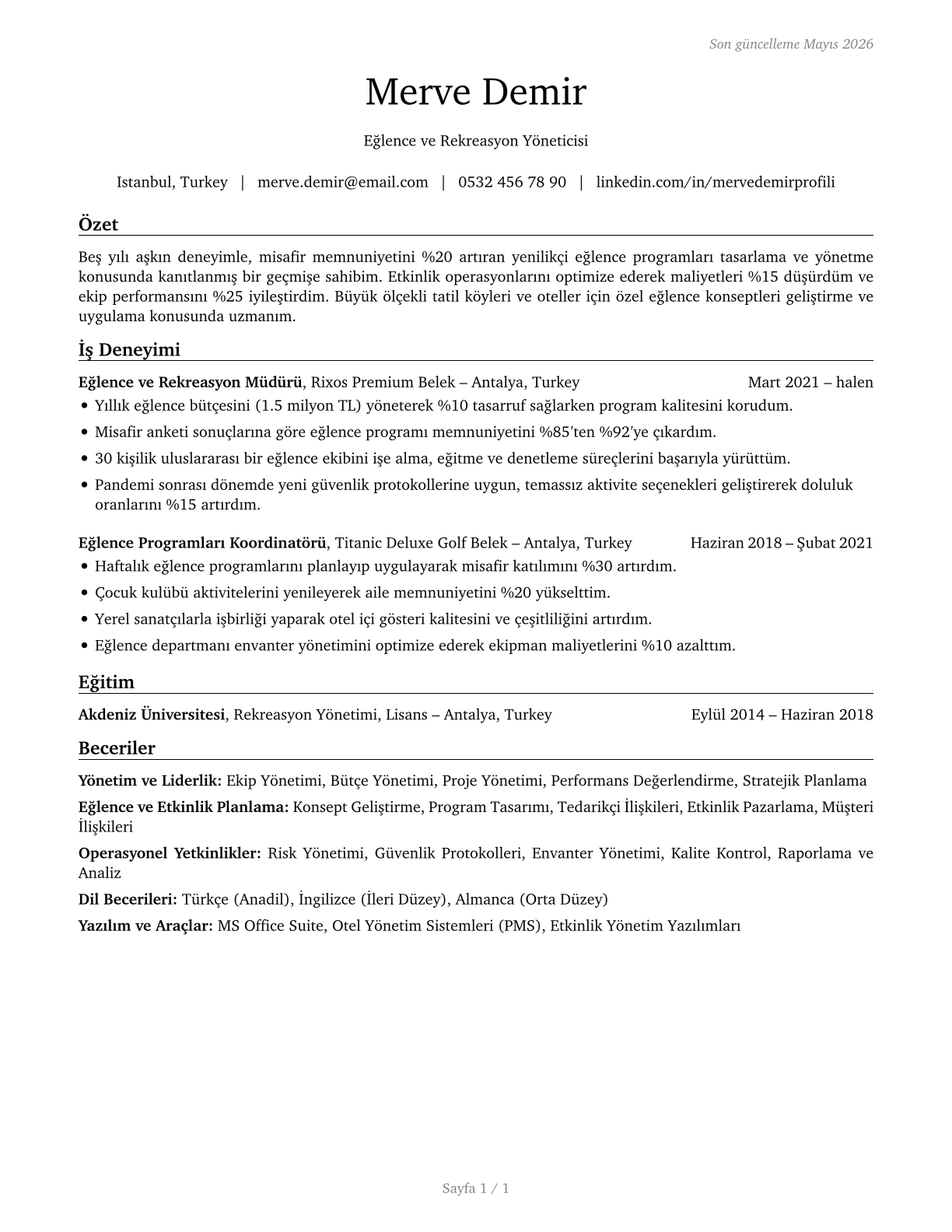 Entertainment and Recreation Managers, Except Gambling CV in Turkish — page 1