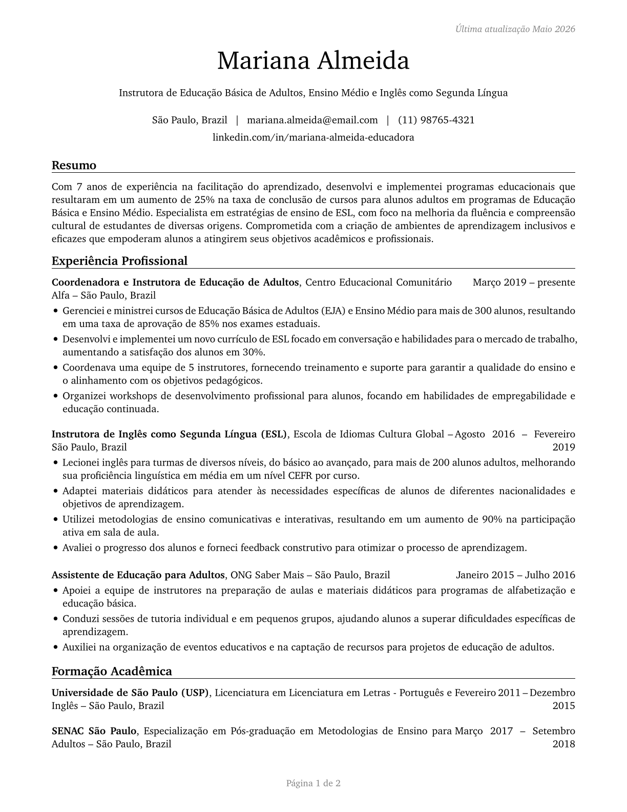 Adult Basic Education, Adult Secondary Education, and English as a Second Language Instructors CV in Portuguese — page 1
