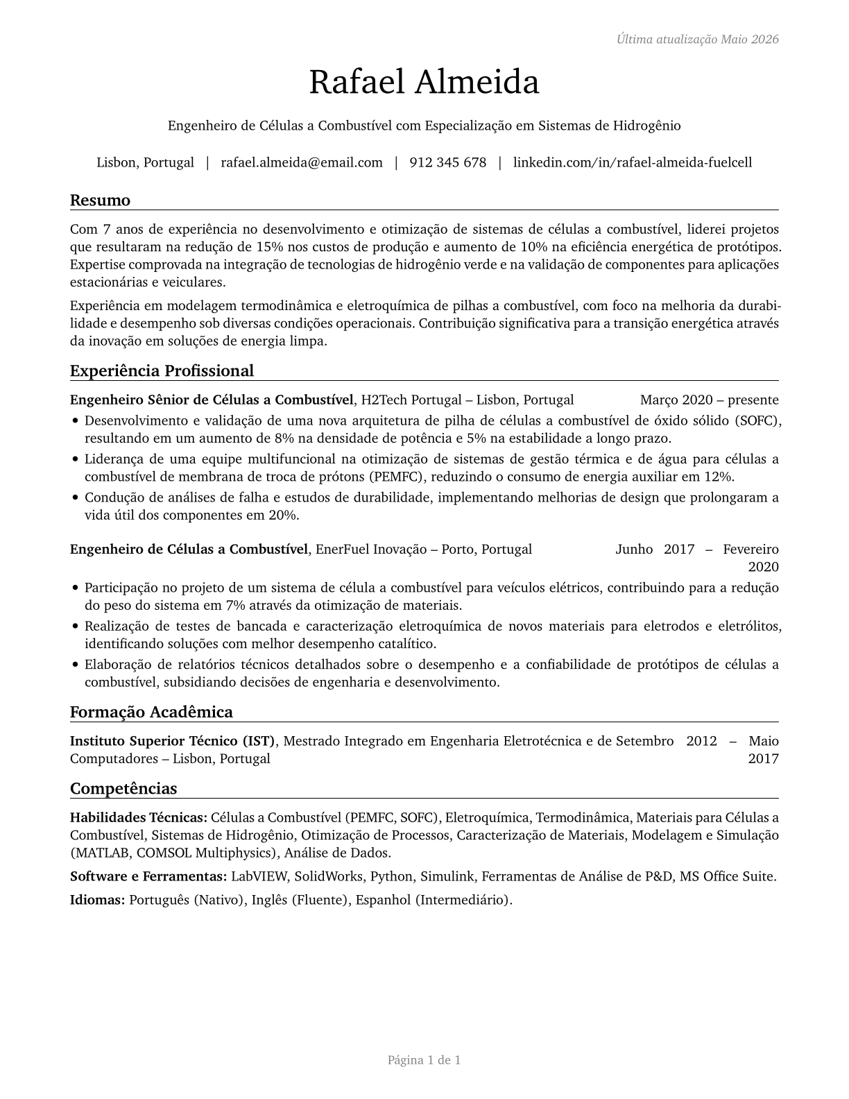 Fuel Cell Engineers CV in Portuguese — page 1