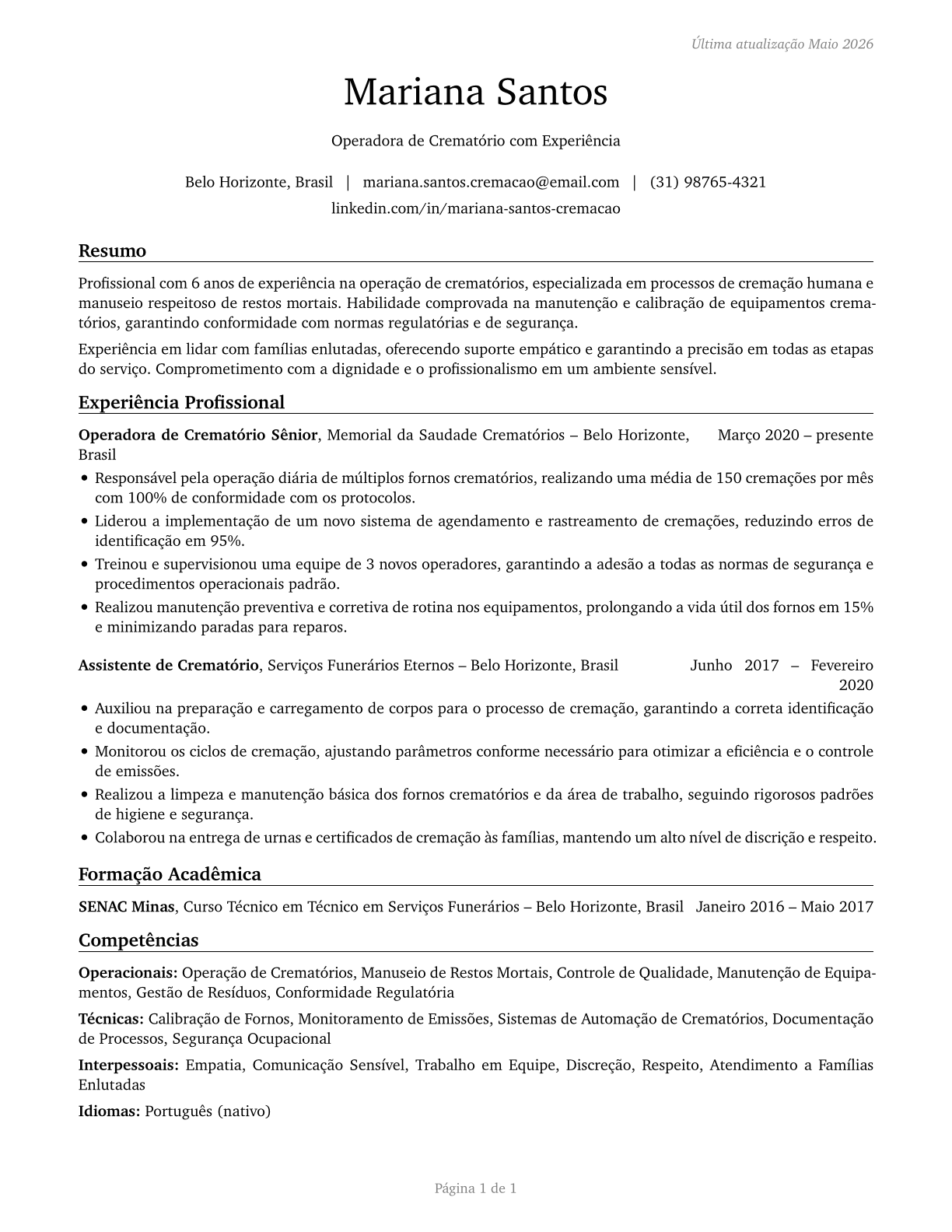 Crematory Operators CV in Portuguese — page 1