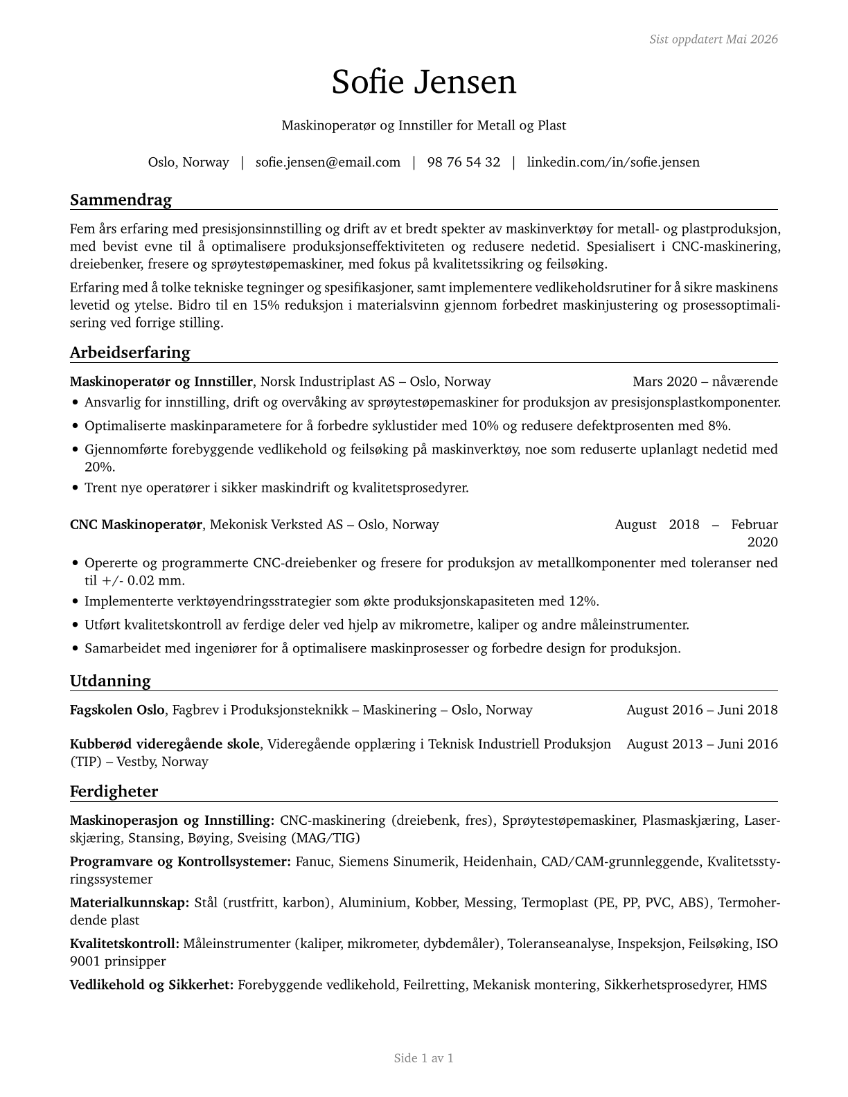 Multiple Machine Tool Setters, Operators, and Tenders, Metal and Plastic CV in Norwegian_bokmal — page 1
