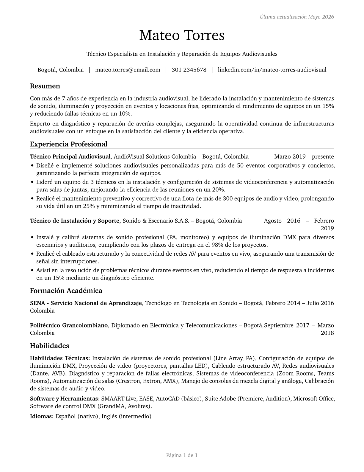 Audiovisual Equipment Installers and Repairers CV in Spanish — page 1