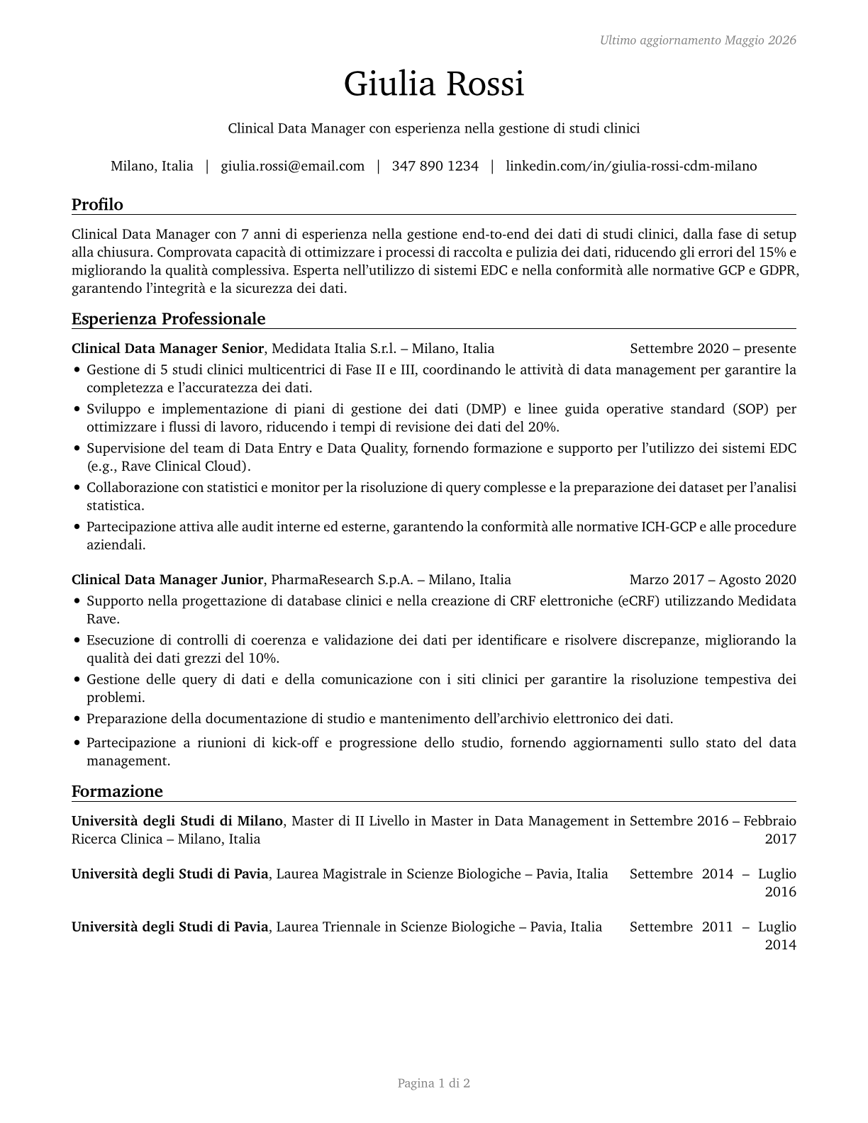 Clinical Data Managers CV in Italian — page 1