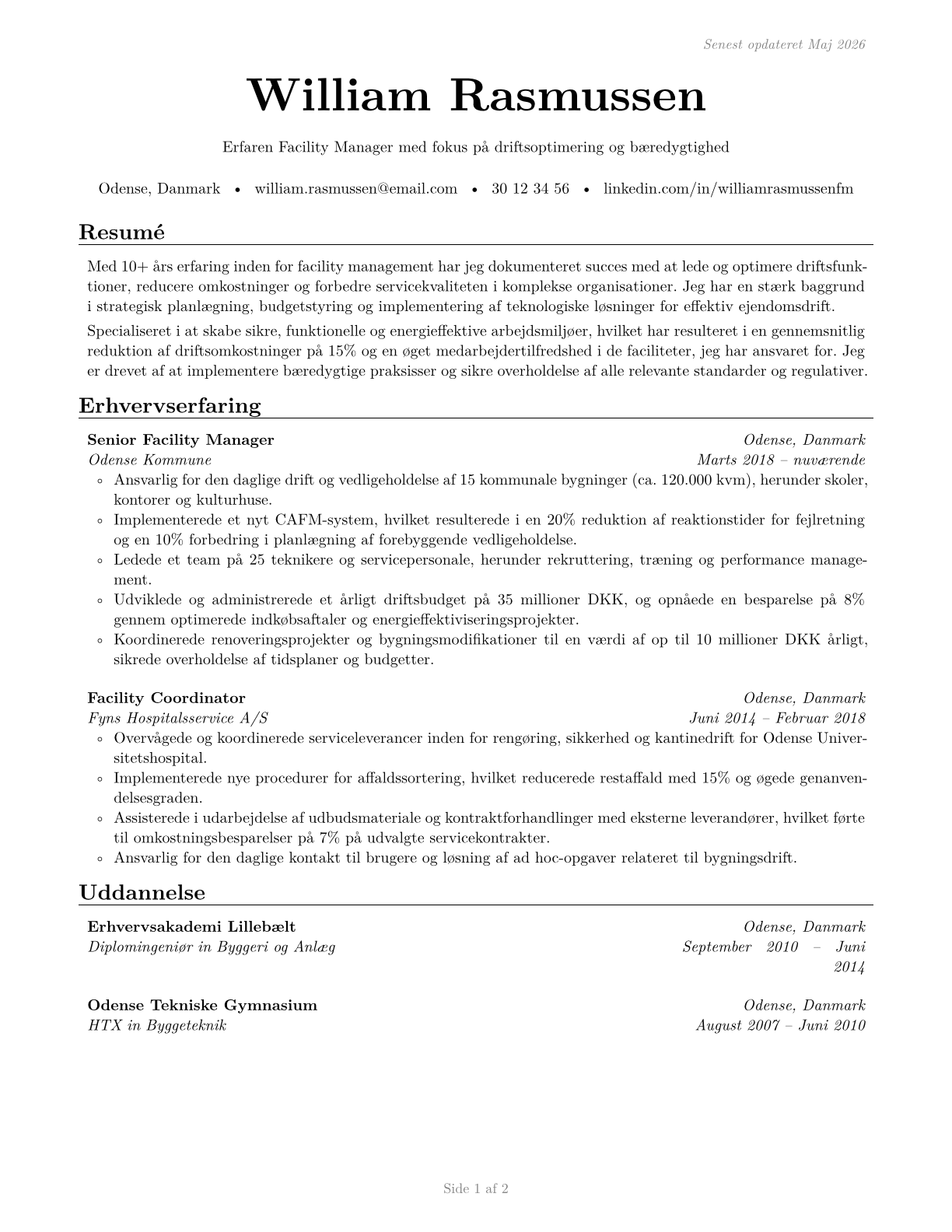 Facilities Managers CV in Danish — page 1