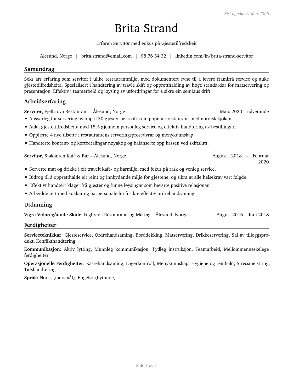 Waiters and Waitresses CV in Norwegian_nynorsk — page 1
