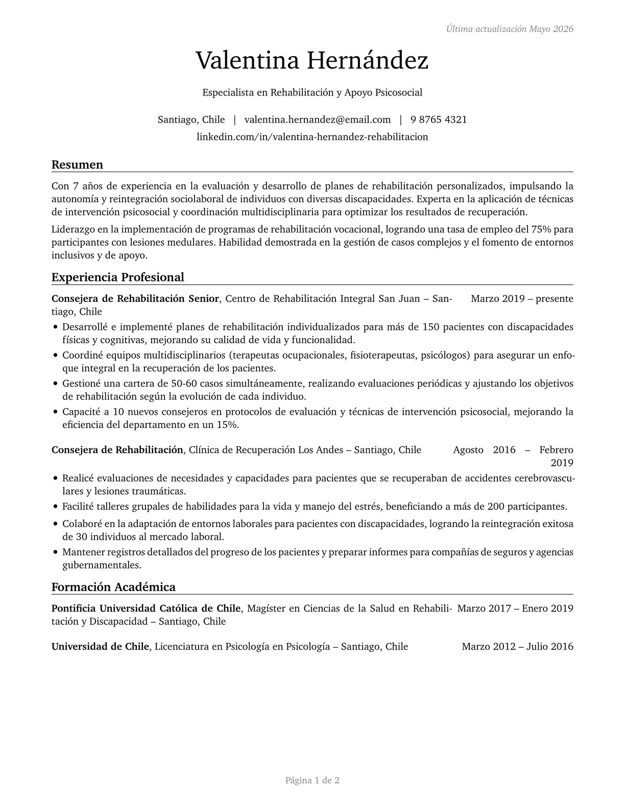 Rehabilitation Counselors CV in Spanish — page 1