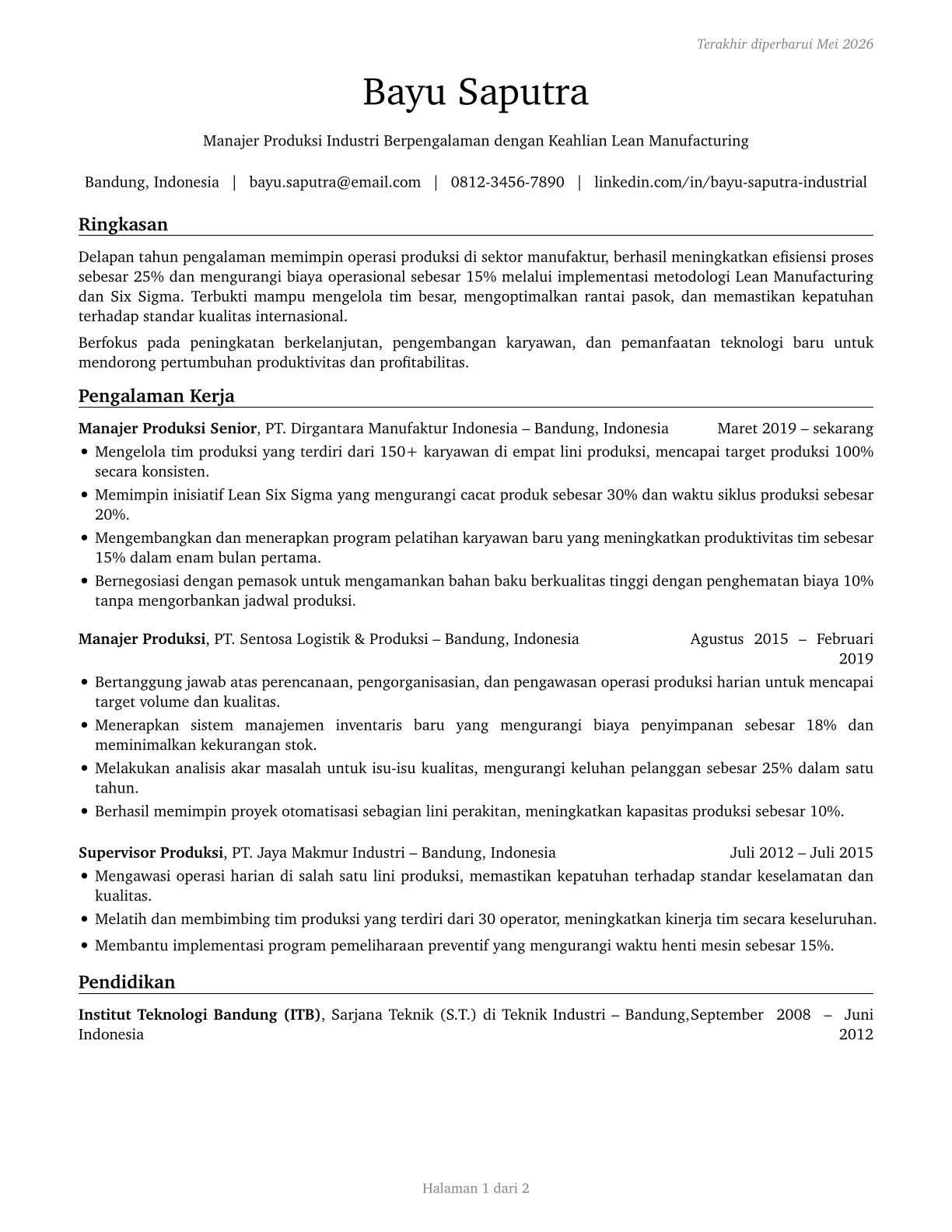 Industrial Production Managers CV in Indonesian — page 1
