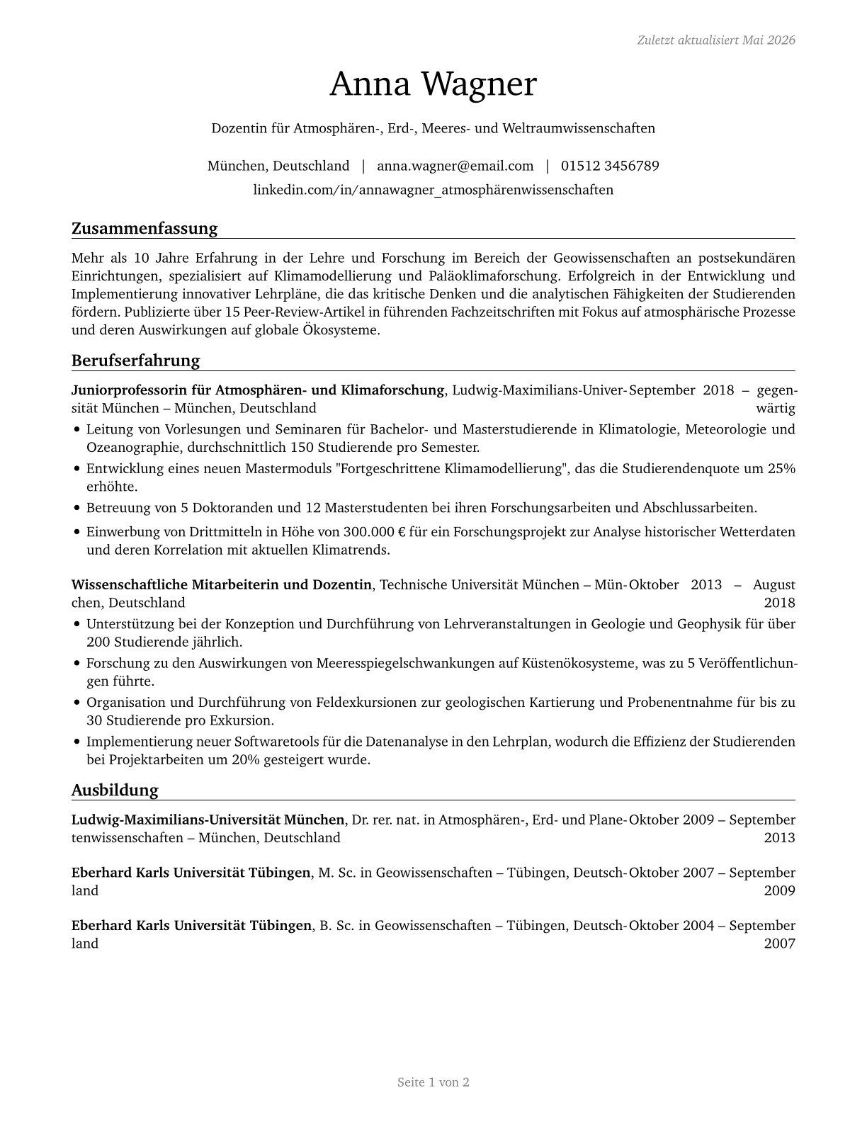 Atmospheric, Earth, Marine, and Space Sciences Teachers, Postsecondary CV in German — page 1