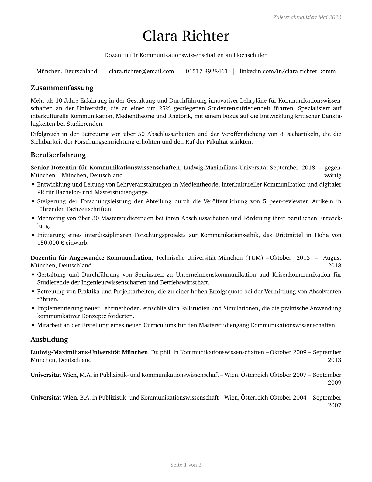 Communications Teachers, Postsecondary CV in German — page 1
