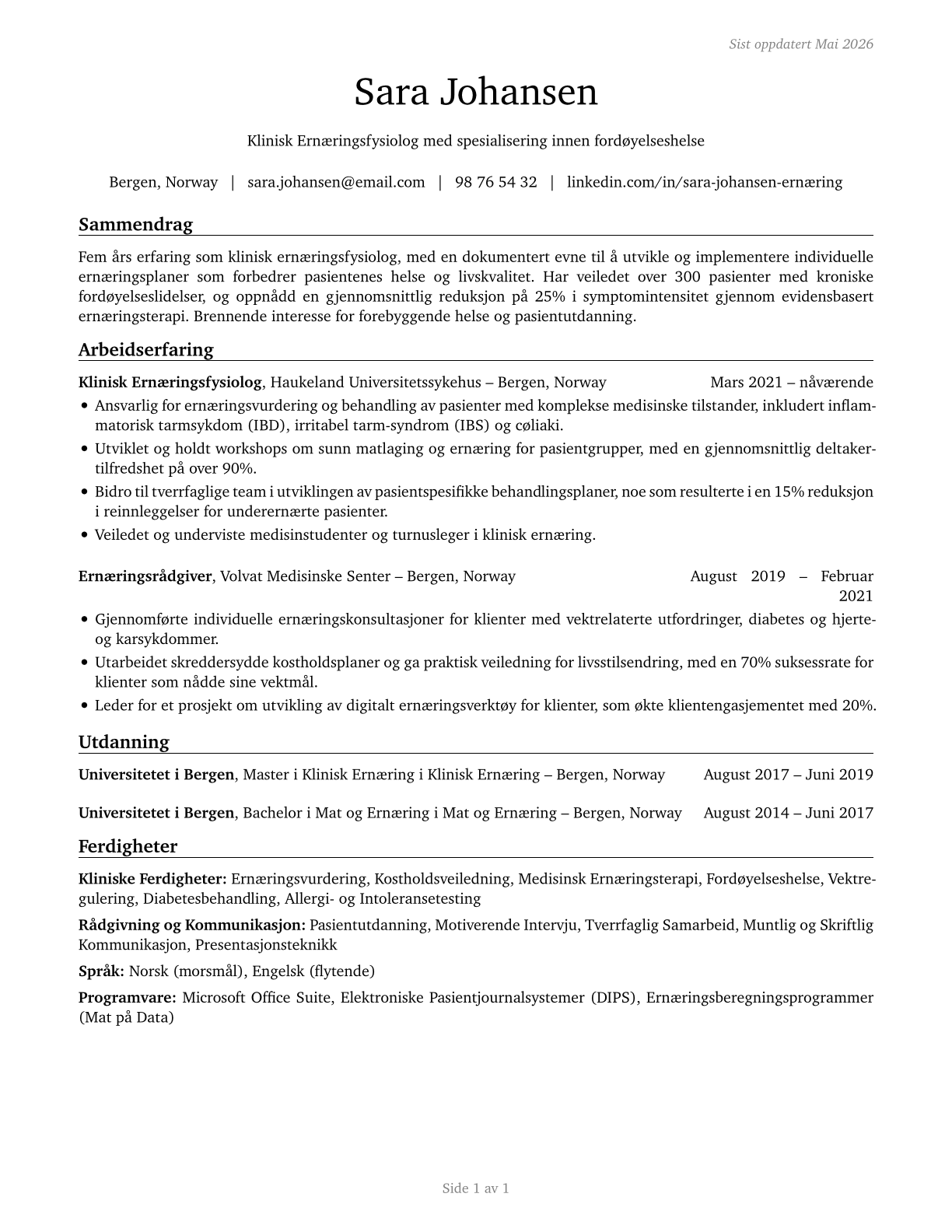 Dietitians and Nutritionists CV in Norwegian_bokmal — page 1